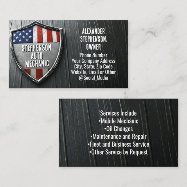 Patriotic Shield American Flag Car Auto Mechanic Business Card (Front/Back)
