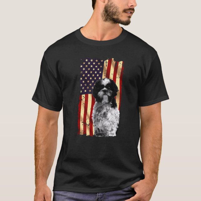 Patriotic Shih Tzu American Flag July 4th Dog T-Shirt (Front)