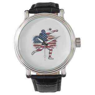 Patriotic Shot Put Athlete Vintage Engraving Desig Watch
