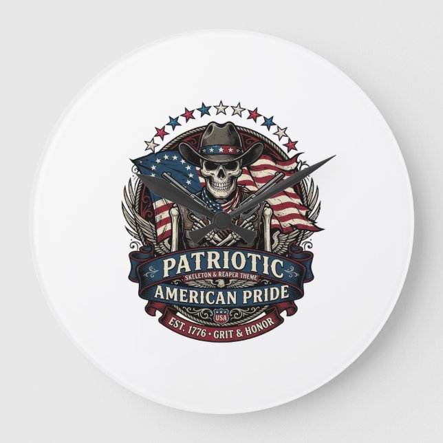 Patriotic Skeleton Cowboy Dark Patriot Skeleton &  Large Clock (Front)