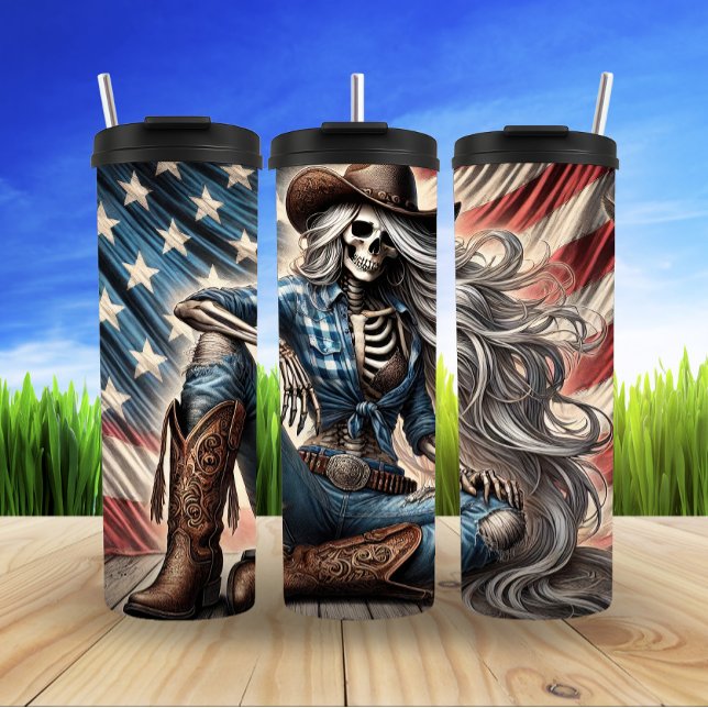 Patriotic Skeleton Cowgirl Thermal Tumbler (Creator Uploaded)