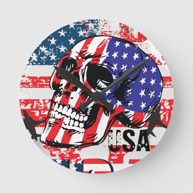 Patriotic Skull American Flag Wall Clock (Front)