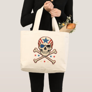 Patriotic Skull and Crossbones American Flag Large Tote Bag