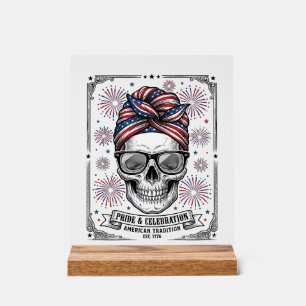 Patriotic Skull Fireworks Vintage Engraving Shirt_ Acrylic Sign