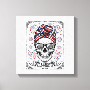 Patriotic Skull Fireworks Vintage Engraving Shirt_ Canvas Print