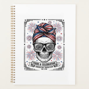 Patriotic Skull Fireworks Vintage Engraving Shirt_ Planner