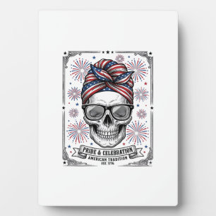 Patriotic Skull Fireworks Vintage Engraving Shirt_ Plaque