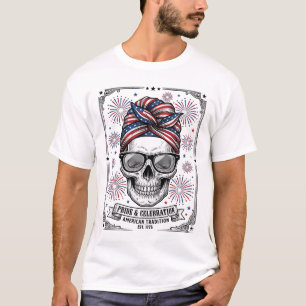 Patriotic Skull Fireworks Vintage Engraving Shirt_ T-Shirt