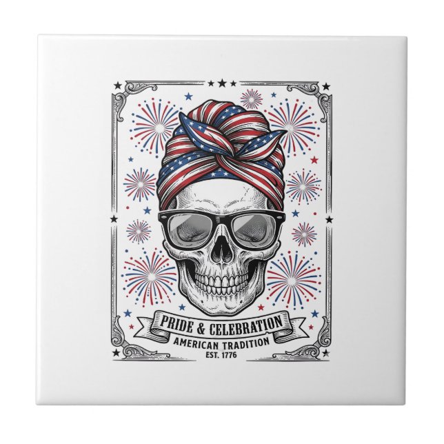 Patriotic Skull Fireworks Vintage Engraving Shirt_ Tile (Front)