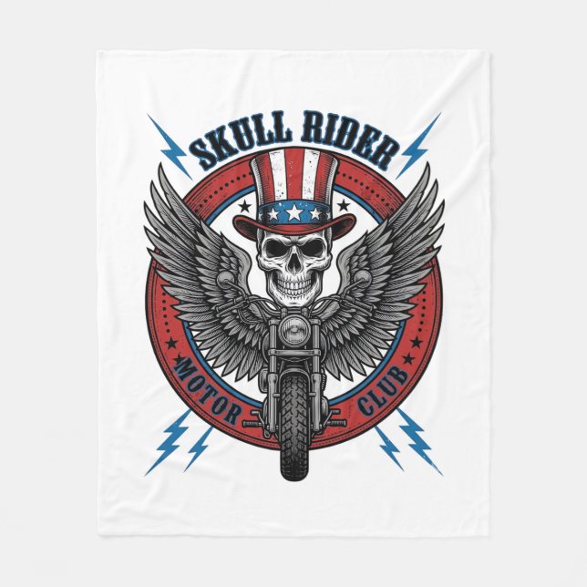 Patriotic Skull Motorcycle Eagle Vintage Fleece Blanket (Front)