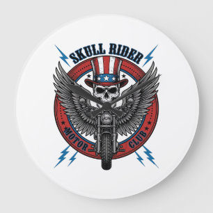 Patriotic Skull Motorcycle Eagle Vintage Large Clock