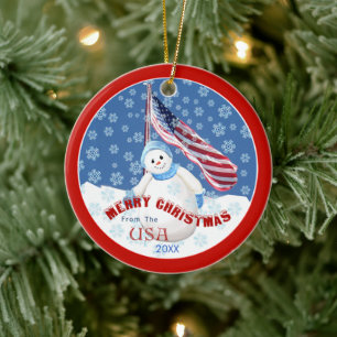 Patriotic Snowman and Flag Christmas Ornament