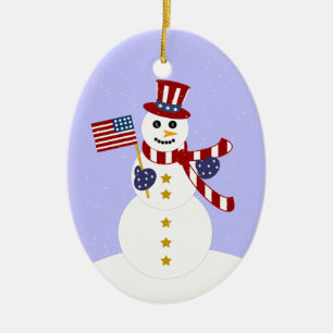 Patriotic Snowman Christmas Oval Ornament