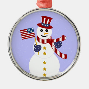 Patriotic Snowman Round Silver Christmas Ornament