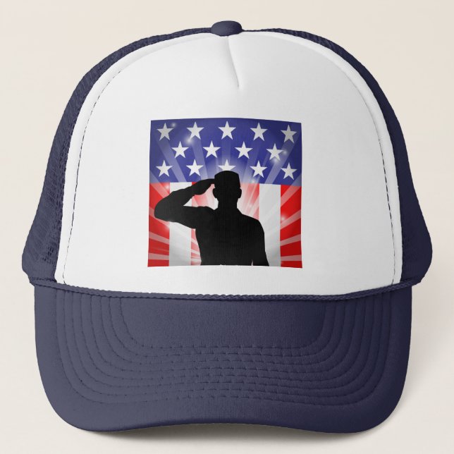 Patriotic Soldier Saluting American Flag Hat (Front)