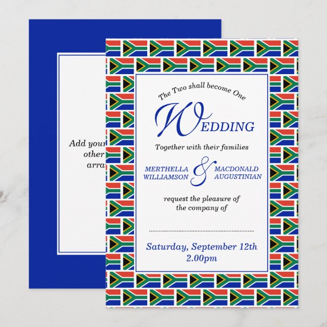 Patriotic SOUTH AFRICAN Wedding Invitation (Front/Back)