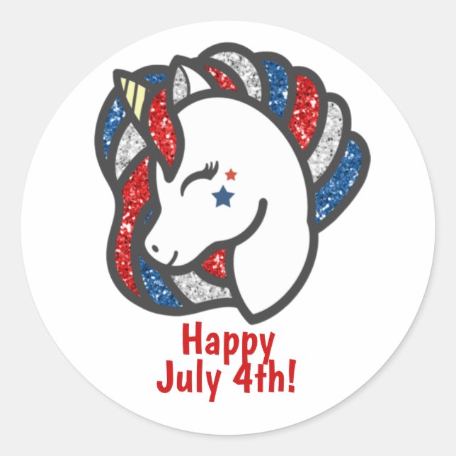 Patriotic Sparkly Red, White and Blue Unicorn Classic Round Sticker (Front)