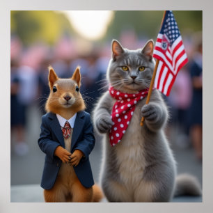 Patriotic Squirrel and Cat Poster