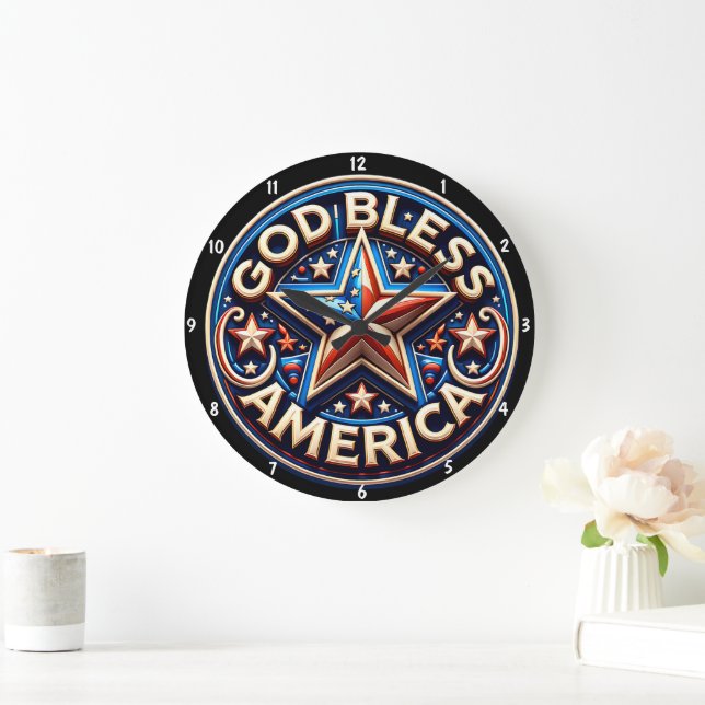 Patriotic Star 'God Bless America' Text Large Clock (Home)