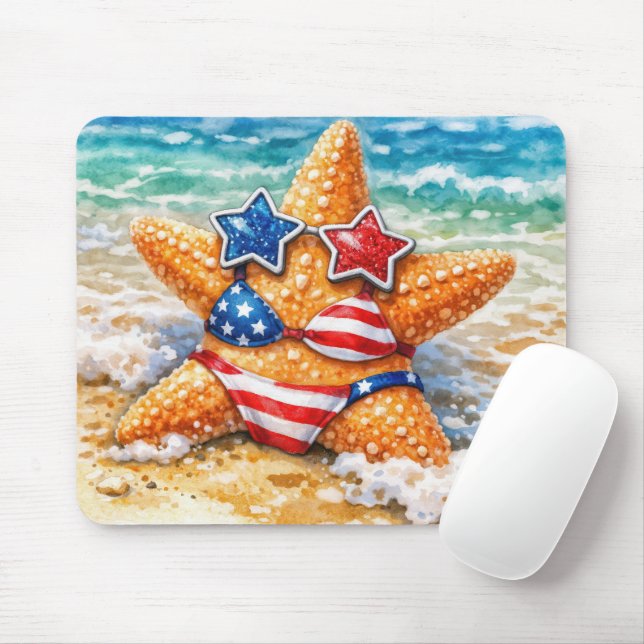 Patriotic Starfish in Beach Sand Mouse Mat (With Mouse)
