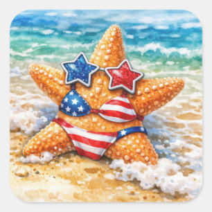 Patriotic Starfish in Beach Sand Square Sticker