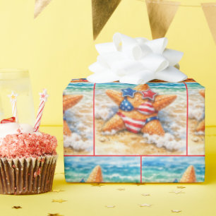 Patriotic Starfish in Beach Sand Wrapping Paper