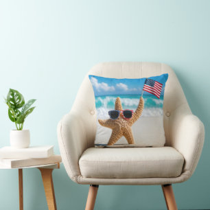 Patriotic Starfish Waving the American Flag Cushion