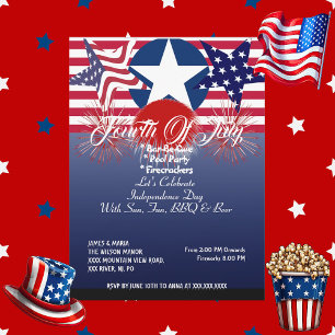 Patriotic Stars 4th July Firecrackers BBQ Party Invitation