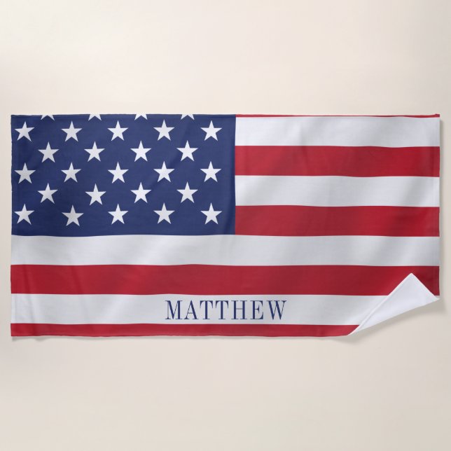 Patriotic Stars and Stripes Blue White USA Flag Beach Towel (Front)