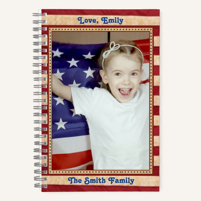 Patriotic Stars and Stripes Custom Photo Notebook (Front)
