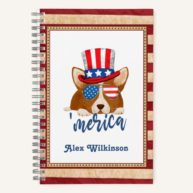 Patriotic Stars and Stripes Hat and Glasses Corgi Notebook (Front)