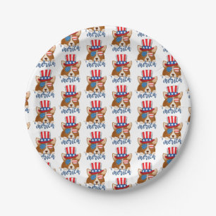 Patriotic Stars and Stripes Hat and Glasses Corgi  Paper Plate