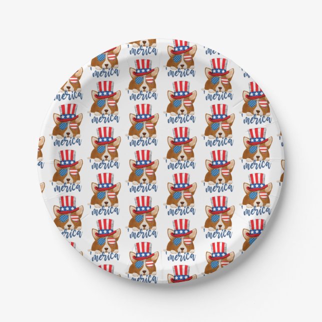Patriotic Stars and Stripes Hat and Glasses Corgi  Paper Plate (Front)