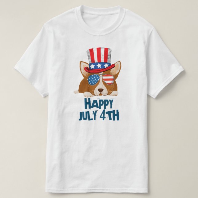 Patriotic Stars and Stripes Hat and Glasses Corgi T-Shirt (Design Front)