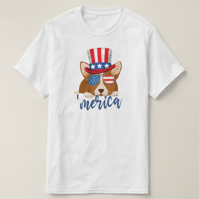 Patriotic Stars and Stripes Hat and Glasses Corgi T-Shirt (Design Front)
