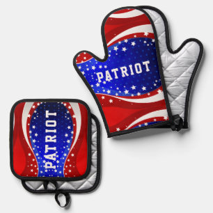 Patriotic Stars and Stripes Pattern Oven Mitt & Pot Holder Set