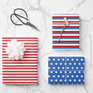 Patriotic Stars and Stripes Red and Blue 4th July Wrapping Paper Sheet