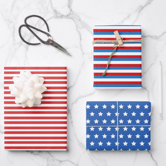 Patriotic Stars and Stripes Red and Blue 4th July Wrapping Paper Sheet (Front)