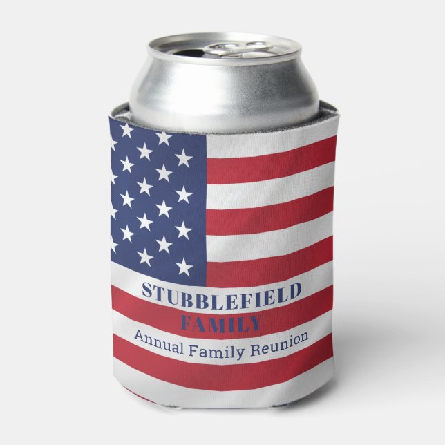 Patriotic Stars and Stripes Red Blue White Family Can Cooler (Can Front)