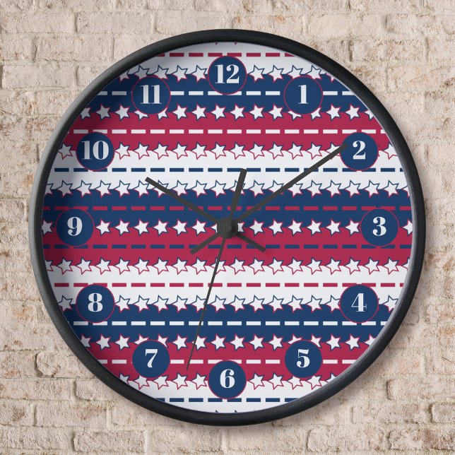 Patriotic - Stars and stripes - Red White Blue Clock (Patriotic Pleated Stripes with Stars Wall clock by Leapfroglisics Shop)
