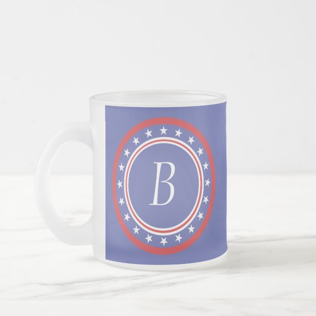 Patriotic Stars and Stripes - With Monogram Frosted Glass Coffee Mug (Left)