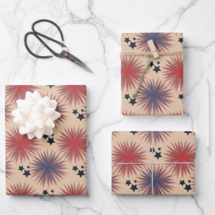 Patriotic Stars Fireworks White Blue Cream Wrapping Paper Sheet