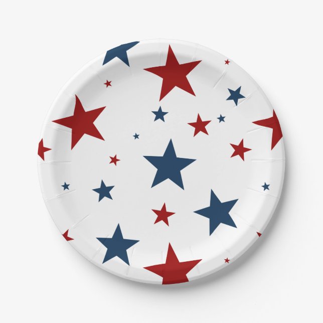 Patriotic Stars in Red White and Blue Pattern Paper Plate (Front)