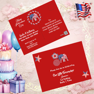 Patriotic Stars Little Firecracker Birthday Invite Postcard