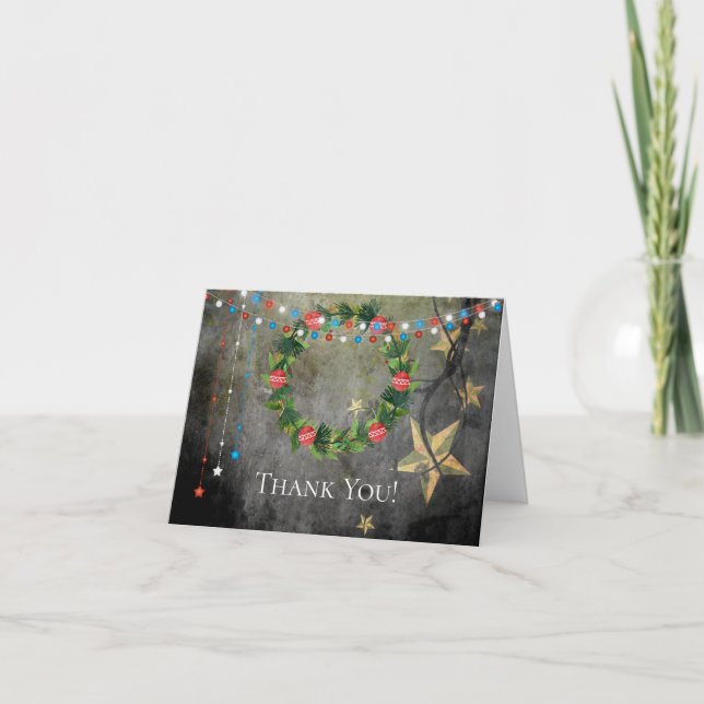 Patriotic Stars n Lights, Holiday Christmas Wreath Thank You Card (Front)