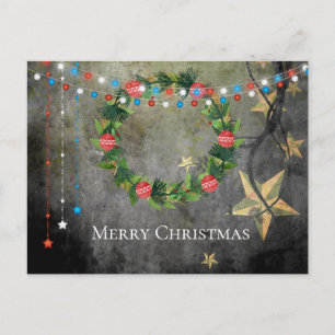 Patriotic Stars n Lights ~ Merry Christmas Wreath Holiday Postcard