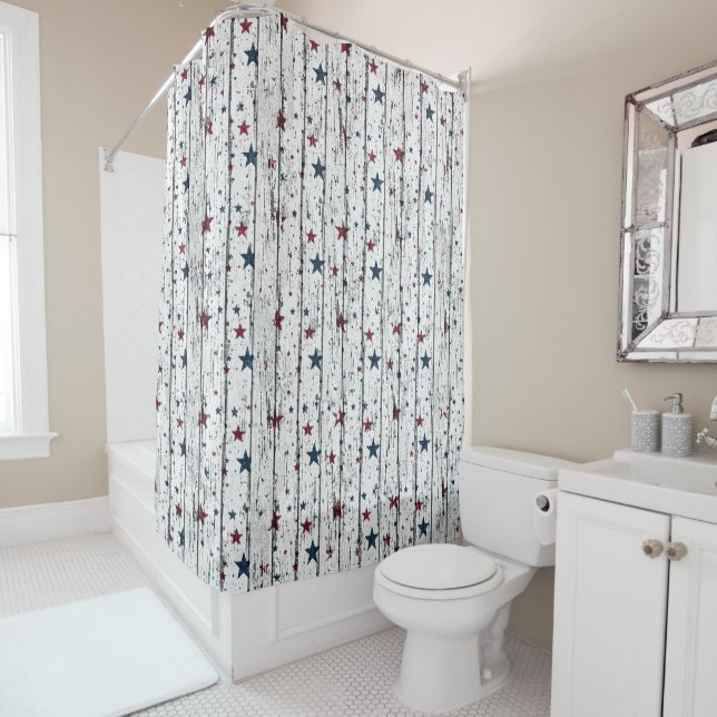 Patriotic Stars Red White and Blue Distressed Wood Shower Curtain (In Situ)