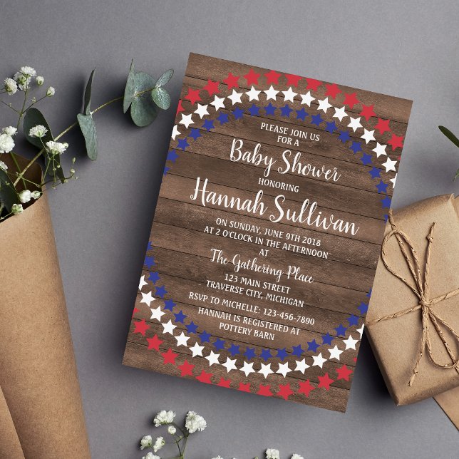 Patriotic Stars Rustic 4th of July Baby Shower Invitation (Creator Uploaded)