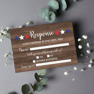 Patriotic Stars Rustic Fourth of July Wood RSVP Card