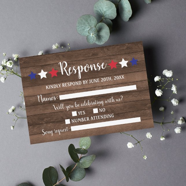 Patriotic Stars Rustic Fourth of July Wood RSVP Card (Creator Uploaded)